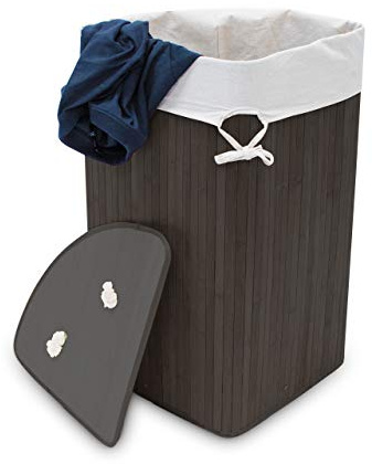 Relaxdays Eckwäschekorb Bambus, faltbare Wäschebox 60 l, platzsparend, Wäschesack Baumwolle, 65 x 49,5 x 37 cm, schwarz