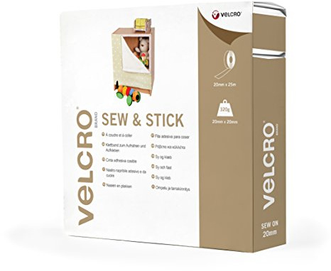 VELCRO Brand Cinta adhesiva cosible 20mm x 25m Blanco | Lado de bucle para coser y lado de gancho adhesivo, ideal para fijar tejidos a superficies rígidas