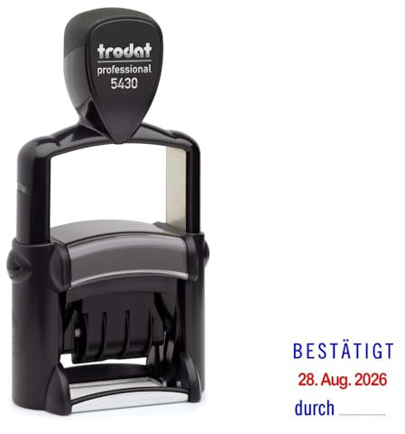 Trodat Professional Dater 5430 Datumstempel mit 2farbigem Kissen blau/rot + Wunschtext, Stempeltext:B E S T Ä T I G T