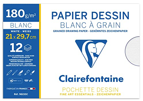 Clairefontaine 96155C Mappe Zeichenpapier (180 g, 21 x 29,7 cm, 12 Bögen, ideal für Kunstunterricht, geleimt) weiß