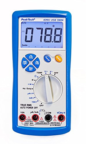 PeakTech, Multímetro digital True RMS 6000 contadores con USB, comprobador de continuidad y autorange, CAT III 600V, 1 pieza, P 4390, Azul Blanco