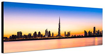 Keilrahmenbild Wandbild 150x50cm Dubai Skyline Wolkenkratzer Wasser Abendlicht