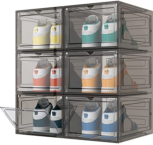 HOMIDEC Shoe Storage Box, 6 pcs Shoe Boxes Clear Stackable for UK12.5 | Sturdy Shoe Organizer Containers with Magnetic Door for Sneakers & Collectibles in 10 Sections Hanging Shoe Pair Storage