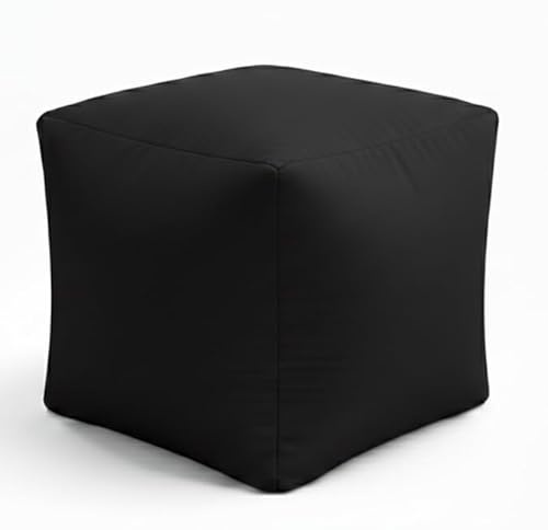 BeanLazy Black Bean Bag Footstool (45cm x 45cm) - 100% Cotton Square Ottoman Seat for Adults & Kids - Durable Black Soft Seating for Lounge, Office & Playroom - Large Pouf