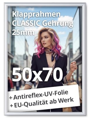 net-xpress Klapprahmen DIN 50 x 70 cm – Plakatrahmen 25 mm silber mit Antireflex-UV-Folie – Posterrrahmen aus Aluminium – inkl. Schrauben & Dübel – für Wandmontage in Büro, Geschäft, Kita, Schule