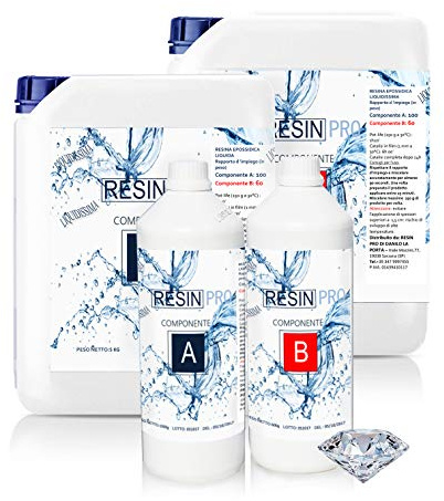 Resin Pro Super Transparente Bicomponente A+B Resina Epoxi Muy Líquida, Efecto Agua, Ideal Para Creaciones Artísticas, Joyas, Decoraciones, Objetos Kg 1.6
