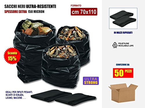 Sacchi Neri Resistenti Per Rifiuti, In Plastica Di Polietilene Pe-Ld Spessore 100 Micron, Cm 80x120, Scatola Da 50 Sacchetti. | Ok per uso sacco per scarti macerie, edilizia, calcinacci, giardinaggio.