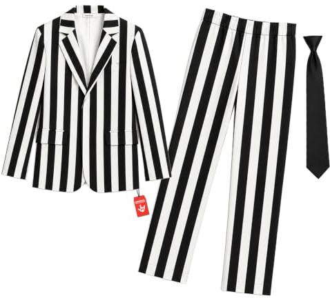 Fun Shack, Striped Suit Costume Men, Halloween Costumes for Men | Black, White Striped Jacket with an Attached Shirt Bib, Matching Tie Included, Perfect for Halloween, Pinstripe Suit