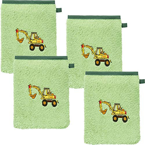 Erwin Müller Kinder-Waschhandschuh, Waschlappen 4er-Pack Traktor, Bagger grün Größe 15x21 cm - 100% Baumwolle, mit hochwertigem Stickmotiv