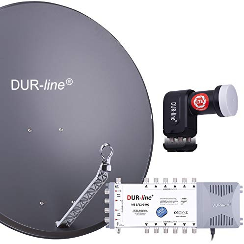 DUR-line 12 Teilnehmer Set - Qualitäts-Alu-Satelliten-Komplettanlage - Select 85cm/90cm Spiegel/Schüssel Anthrazit + Multischalter + LNB - für 12 Receiver/TV [Neuste Technik, DVB-S2, 4K, 3D]
