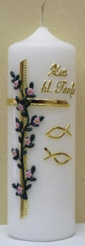 netsells handverzierte Taufkerze ''Zur HL. Taufe'' * Kreuz mit rosa Blumen * farbige Wachsauflagen * 6 x 18 cm