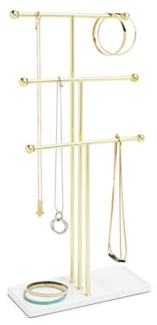 Umbra Trigem Schmuckbaum - Extra Hoher Schmuckständer für Ketten mit integrierter Schmuckablage für Ringe, Ohrringe, Armbänder, Uhren und Accessoires, 3-stufig, Metall, Weiss/Gold
