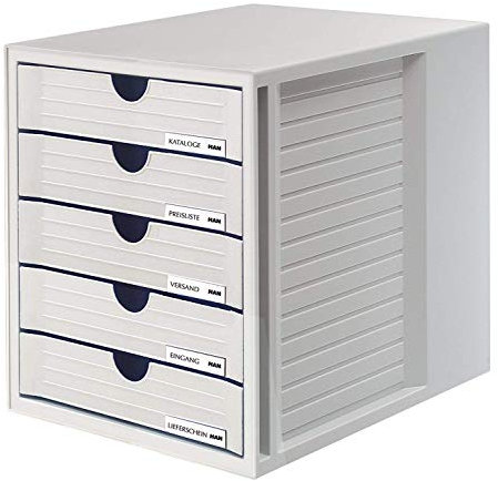HAN Schubladenbox SYSTEMBOX mit 5 geschlossenen Schubladen für Unterlagen bis DIN C4, Schreibtisch oder im Schrank, inkl. Auszugsperre + Beschriftungsclip, möbelschonende Gummifüße, 1450-11, lichtgrau