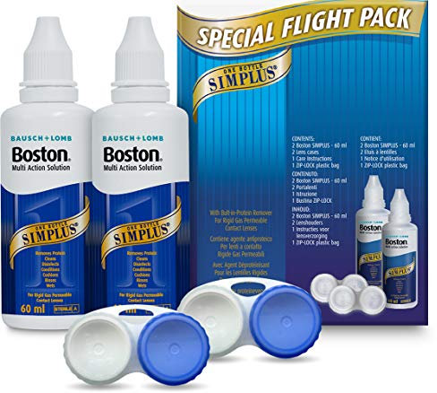 Boston Simplus Travel Contact Lens Solution, 2X 60ml Flight Pack Size, Multi-Action Solution for Rigid Gas Permeable Contact Lenses, Clean, Disinfect & Condition, 2X Lens Cases for Travel Convenience