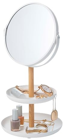 Yamazaki 2314 Tosca Accessory Tray with Mirror, White, Steel/Wood/Mirror, 17.5 x 16 x 33 cm