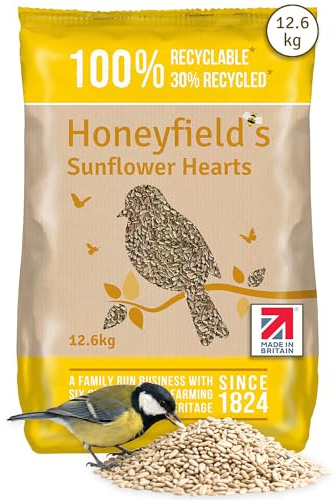 Honeyfield’s - Sunflower Hearts, Wild Bird Food for Outside Birds, High in Energy and Protein, Great for Hanging Feeders, Bird Tables, and Ground Feeding, Bulk Bag (12.6kg)