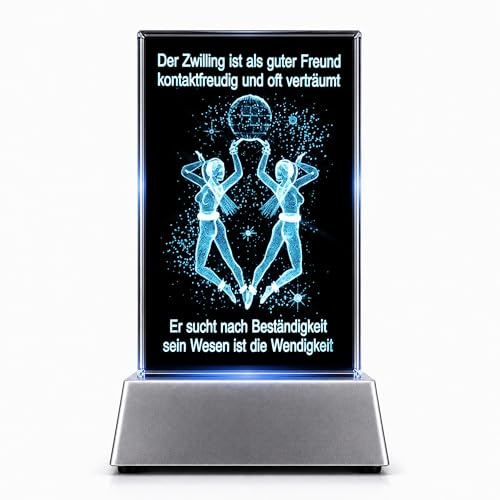 Kaltner Präsente Zwillinge Sternzeichen Kristall Glasblock mit Spruch – 3D Laser Gravur LED Nachtlicht Geschenk Dekoration