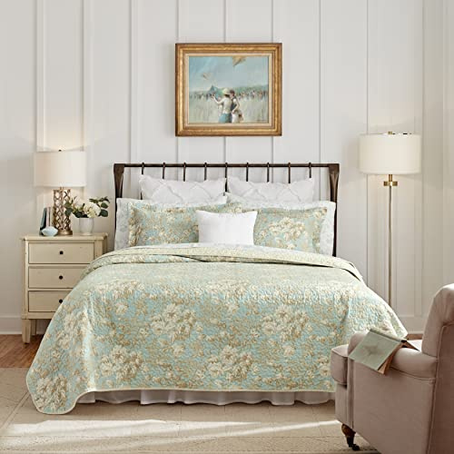Laura Ashley Brompton Collection Juego de edredón 100% algodón, Reversible, Ropa de Cama para Todas Las Estaciones, Incluye Fundas a Juego, Queen, “Serene” (Turquesa pálido)