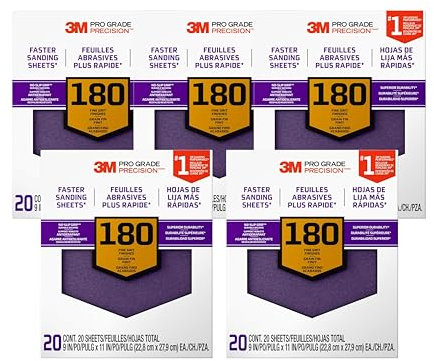 3M Pro Grade SHCP180-PGP20T Präzisions-Schleifblätter mit rutschfester Unterseite, 22,9 x 27,9 cm, 180 g, 20 Blatt/Packung, 5 Stück, insgesamt 100 Blatt