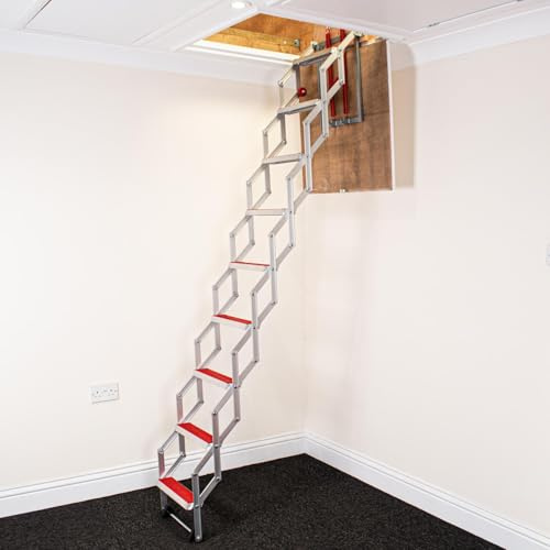 Escalera de Acceso al altillo BPS | Diseño Compacto con peldaños Antideslizantes Recubiertos de Goma | Fácil Montaje | Aluminio | Altura del Suelo al Techo: 3,35 m | Clasificación energética A