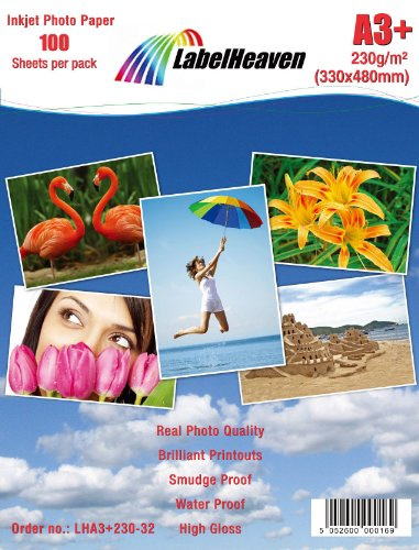100 Blatt LabelHeaven Fotopapier A3+ 330x480mm 230g/qm hochglänzend wasserfest