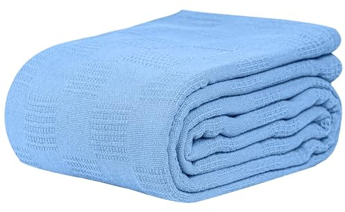 Linteum Textile Hospital Thermal SNAGLESS Spread Blanket, 100% Cotton (74x100 in, Blue)