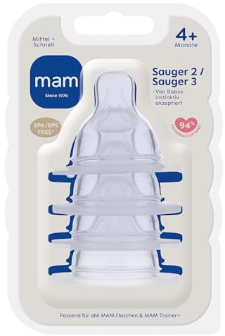 MAM suger storlek 2 + 3 i 4-pack, flasksugare (flödeshastighet medel och snabb), mjuk sugmaskin som passar alla MAM-flaskor/tränare, från 4 + månader