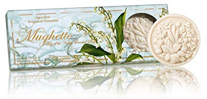 Saponificio Artigianale Fiorentino Mughetto, Geschenkbox mit italienischer Seife mit dem Duft von Maiglöckchen, runde Seifen mit Blumenmotiv, 3 x 4,40 oz. von Saponificio Artigianale Fiorentino