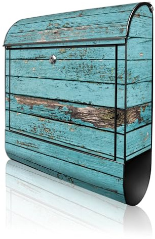 banjado Design Briefkasten 38,5x46,5x13cm & 2 Schlüssel - Briefkasten Stahl Schwarz mit Zeitungsfach pulverbeschichtet - Postkasten A4 Einwurf inkl. Montagematerial - Motiv Blaue Holzlatten