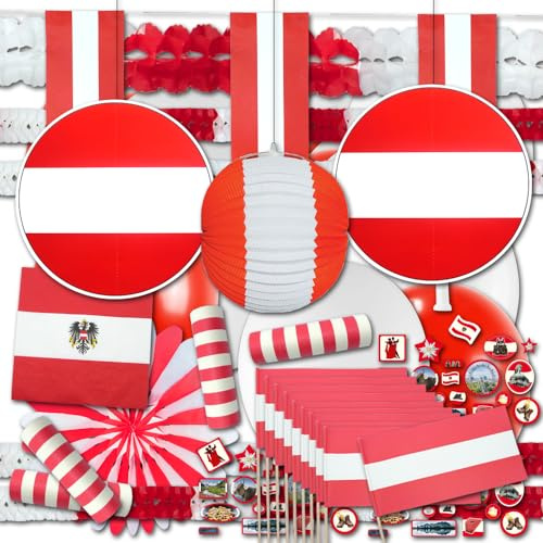 Österreich Deko Set rotweißrot groß - Partydeko im Design der rot-weißen, österreichischen Flagge, Girlanden, Fähnchen, Fahnenkette, Tischdeko Motive, Dekohänger, Lampion, Servietten im Dekoset