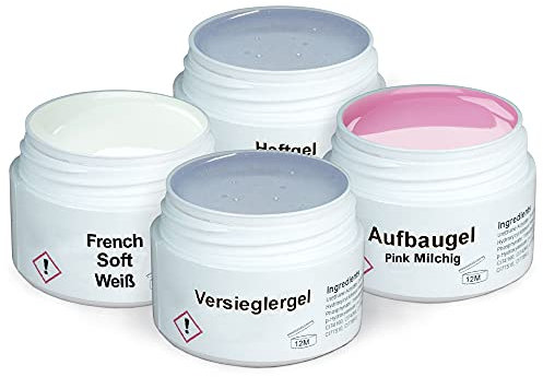 GS-Nails UV Gel-Set Babyboomer- 4x 15ml Nagelgel für Nail-Art & Nagel-Design - Haftgel, mittelviskoses Aufbaugel Pink milchig, Versiegelungsgel, French soft-Weiß - 60ml