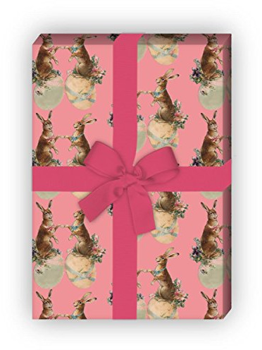 Romantisches Vintage Oster Geschenkpapier Set (4 Bogen), Dekorpapier mit Retro Hasen als edle Geschenk Verpackung zur Taufe, Geburt, Ostern, Geburtstag, Hochzeit, Weihnachten 32 x 48cm, rosa