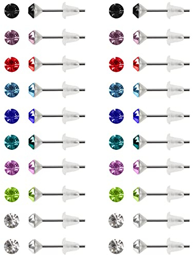Kurtzy 20 Paires Boucle d’Oreille Clou Rond en Zirconium avec Boîte - 4 mm - 9 Couleurs de Pierres Naissance, Acier Inoxydable avec Embouts en Caoutchouc Souple - Piercing d Oreille Femme et Fille