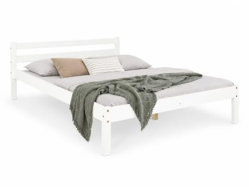 Homestyle4u Massivholzbett 140x200 Weiß Holzbett mit Lattenrost