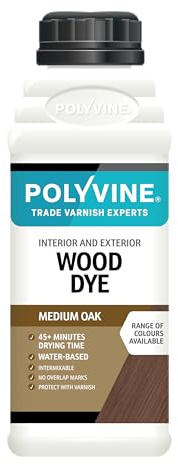 Polyvine Wood Dye – Interior Exterior Wood Colour Restorer – Quick Drying, Water Based Intermixable Woodwork Sealer Any Colour for Furniture, MDF, Ply, Hardwood, Softwood - Medium Oak, 500ml