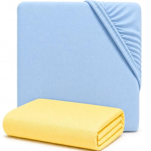 Dudu N Girlie Jersey Cotton Fitted Cot Sheets, 60x120cm, Blue & Yellow | Fully Elasticated, Fits up to 15cm Deep, Breathable Fabric, Easy Care