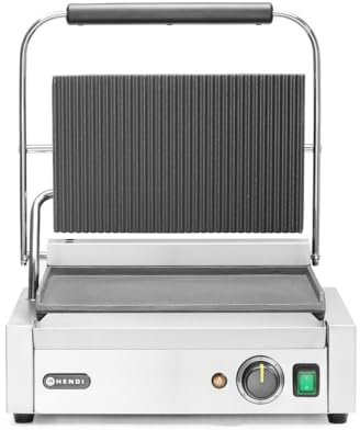 HENDI Piastra Elettrica a Contatto, Grill/Griglia Panini Professionale, Piastre Liscia e Rigata in Ghisa Smaltata, 230V, 2200W, 430x375x(H)216mm, Acciaio Inox