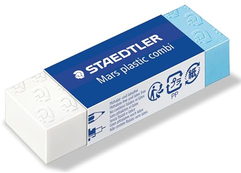 STAEDTLER 526 508. Goma de borrar Mars Plastic combi. Borra lápiz (parte blanca) y tinta china (parte azul). Caja expositora con 20 gomas