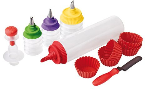 Kuhn Rikon 23701 - Set per Cupcakes con stampi in Silicone, dosatori per Impasto e Guarnizione, spatola e attrezzo per Scavare L'Impasto, in Confezione Regalo da 32 x 23 x 8 cm