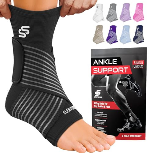 Sleeve Stars Ankle Brace for Women & Men, Ankle Wrap for Sprain, Compression Sleeve for Plantar Fasciitis Relief, Easy Customizable Support: w/Removable Strap (Single/M:10-12/Black)