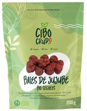 Jujube Séché Bio - 200g. Baies Rouges. De la plante de Jujube Séchée Sans Sucre Ajouté. Ils Contiennent Vitamines Minéraux et Fibres. A Ajouter aux Yaourts/Smoothies ou Aux Aesserts et Confitures.