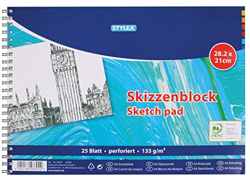 Stylex 28692 - Skizzenblock mit Spiralbindung, perforiert, 28,2 x 21 cm, 25 Blatt 135 g/m², geeignet für Bleistift, Kohle, Rötel, Wachskreiden, Pastellkreiden, Bunt- und Aquarellstifte