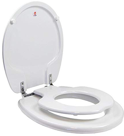 TOPSEAT TinyHiney Potty Round Toilet Seat, Adult/Child, w/Chromed Metal Hinges (White)