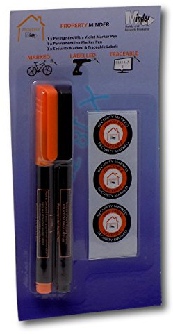 Minder Property Marking Pens - Including 1 x Invisible UV Ink Covert Marker Pen, 1 x Permanent Overt Marker Pen and Warning Stickers (Without UV Keyring)