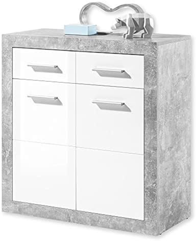 STONE Kommode mit Schubladen in Beton Optik, Weiß Hochglanz - Moderne Kommode mit viel Stauraum für Ihren Wohnbereich - 82 x 88 x 37 cm (B/H/T)