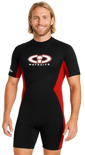 Men’s TWF Shorty/Shortie Wetsuit – 3mm Neoprene CIC Short Wetsuit for Surfing, Swimming, Kayaking, Snorkelling, SUP, Warm, Flexible, Comfortable Watersports Wet Suit (Black with red inserts, L)