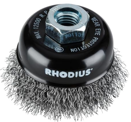 Rhodius Stahl-Topfbürste STBW mit gewelltem Stahldraht für den Einsatz auf Winkelschleifern, 75 x 23 x M14 mm