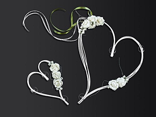 Autoschmuck Hochzeit Rattanherz mit Blumen (creme/weiß)