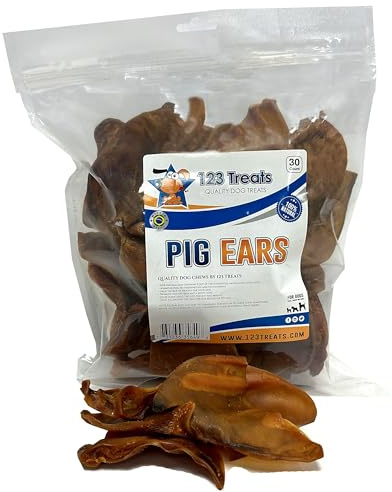 123 Treats Pig Ears for Dogs, 100% Natural Long Lasting Pork Dog Chews, Ideal for All Chewers, Delicious and Healthy Dog Treats, Half Pig Ears (One Pack of 30)