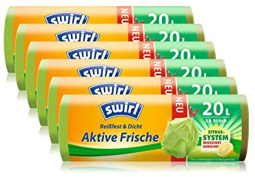 Swirl Aktive-Frische-Müllbeutel mit Zugband, 20 Liter, 6 Rollen mit 12 Beuteln (6x12)